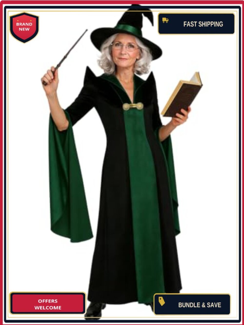 3PC Professor Witch Costume Women Halloween Cosplay Gown Hat Glasses